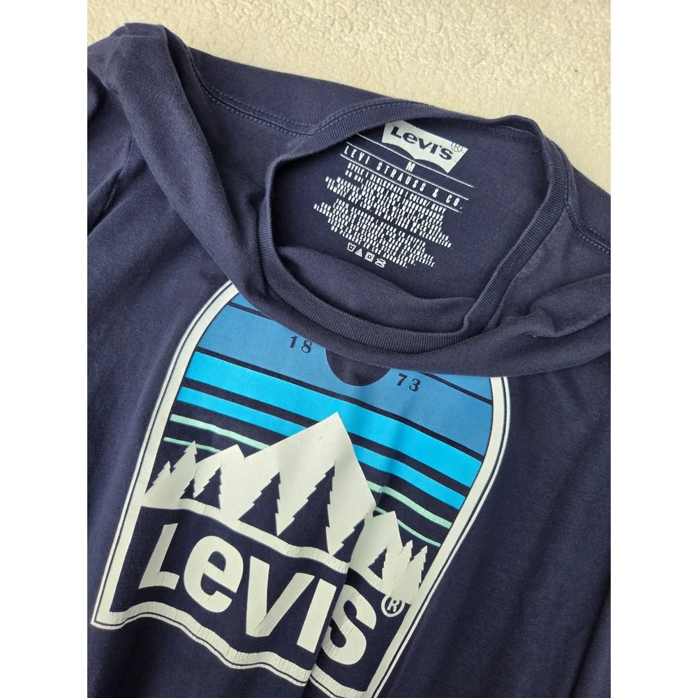 Levis Long Sleeve Graphic Tee Mens Medium Navy Blue Good Mountain Nature‎ Print